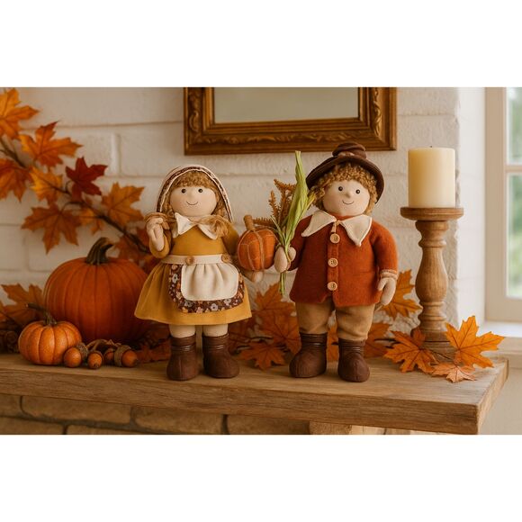 Set of 2 Pilgrim Thanksgiving Fabric Dolls Fall Harvest Farmhouse Country Decor - Picture 1 of 4